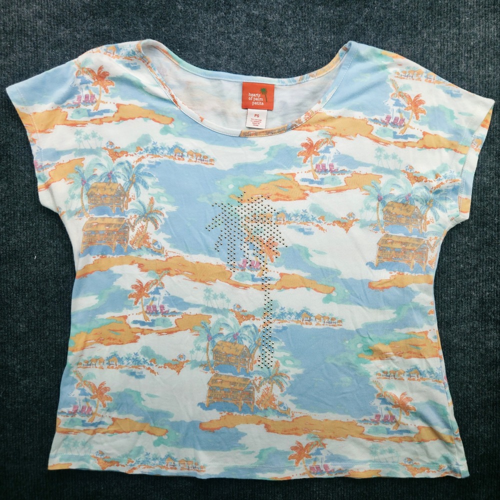 Hearts of Palm Petite Top Womens PS Blue Beach Print Rhinestone Cotton Blend Tee